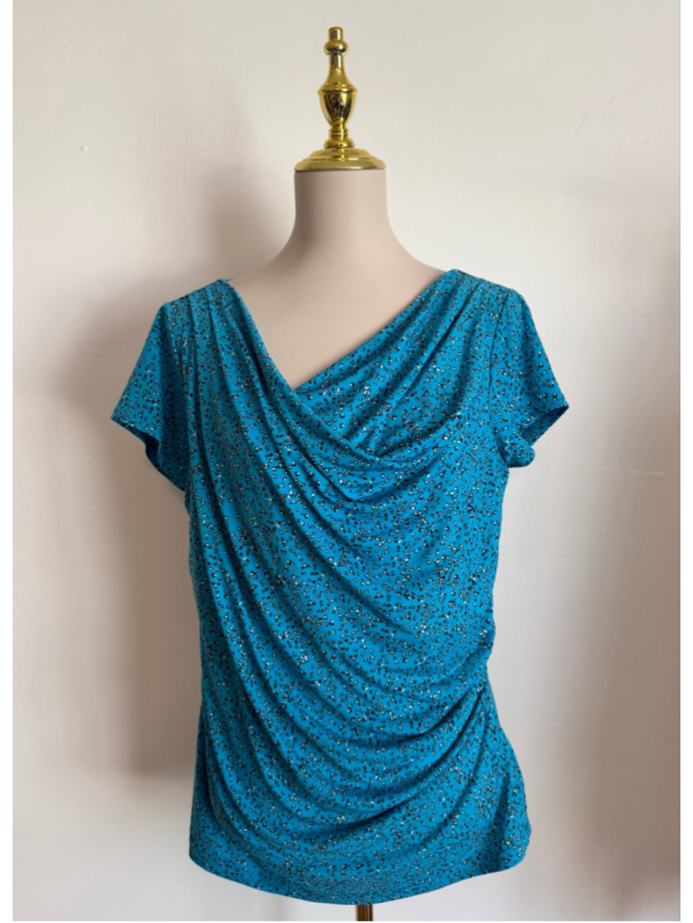 Women's Worthington Blue Black Animal Print Cowl Neck Blouse Size L